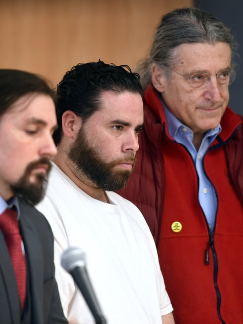 FILE - Jose Morales, center, appears for a bond hearing with attorneys Kevin Smith, left, and Norm Pattis at Derby Superior Courthouse in Derby, Conn., Feb. 7, 2020. (Arnold Gold/New Haven Register via AP, file)