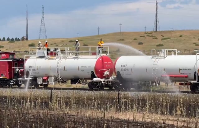 A BNSF Railway firefighting train arrived in Colorado from Kansas on Monday, July 14, 2025, to help douse hotspots along train tracks in the area left behind by Sunday&#39;s series of grass fires. (Screengrab from South Metro Fire Rescue video)
