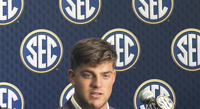 Louisiana State quarterback Garrett Nussmeier discusses upcoming football season during SEC Media Days Monday, July 14, 2025 at the College Football Hall of Fame in Atlanta.