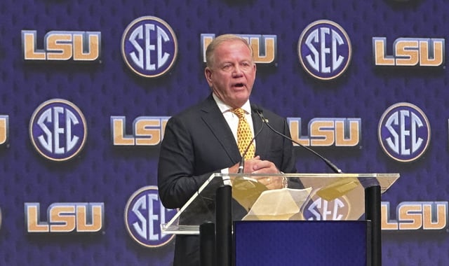 Louisiana State Head Football Coach Brian Kelly discusses the upcoming season during the SEC Media Days Monday, July 14, 2025 at the College Football Hall of Fame in Atlanta.