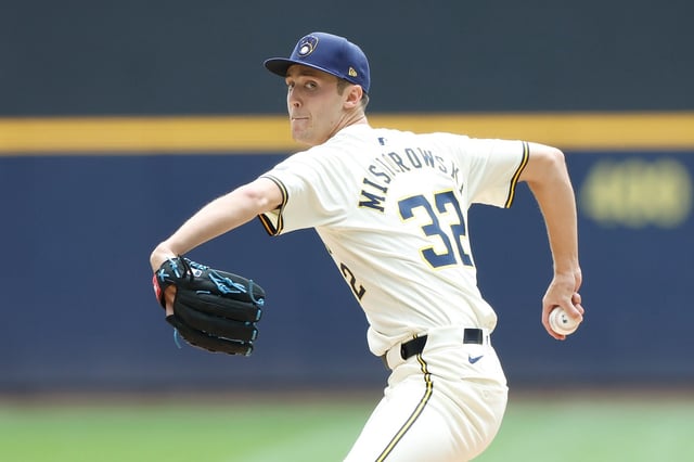MILWAUKEE, WISCONSIN - JUNE 25: Jacob Misiorowski #32 of the Milwaukee Brewers throws a pitch in the second inning app at American Family Field on June 25, 2025 in Milwaukee, Wisconsin. (Photo by John Fisher/Getty Images)