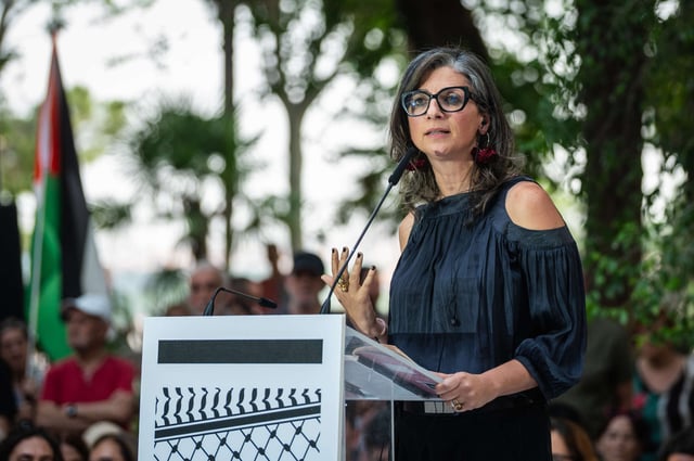 United Nations Special Rapporteur on Occupied Palestine Francesca Albanese speaks during a "Stop Genocide, Free Palestine" meeting in Madrid, Spain, on June 23, 2025.