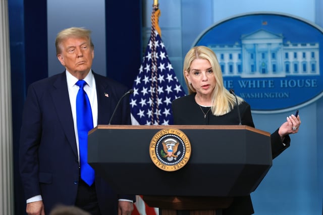 U.S. Attorney General Pam Bondi speaks alongside President Donald Trump on recent Supreme Court rulings in the briefing room at the White House on June 27, 2025 in Washington, DC. The Supreme Court ruled 6-3 that individual judges cannot grant nationwide injunctions to block executive orders, including the injunction on President TrumpÕs effort to eliminate birthright citizenship in the U.S. The justices did not rule on TrumpÕs order to end birthright citizenship but stopped his order from taking effect for 30 days.