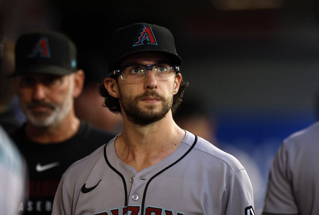ANAHEIM, CALIFORNIA - JULY 12: Zac Gallen #23 of the Arizona Diamondbacks in the dugout after the fourth inning against Los Angeles Angels at Angel Stadium of Anaheim on July 12, 2025 in Anaheim, California.