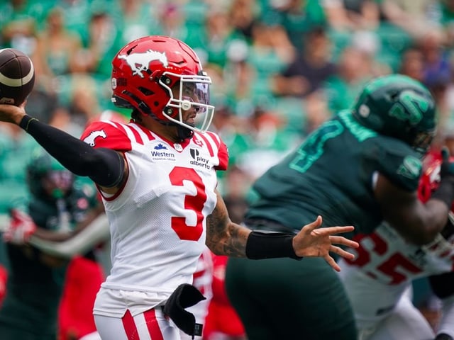 Calgary Stampeders quarterback Vernon Adams Jr. (3) throws the football against the Saskatchewan Roughriders during the first half of CFL football action in Regina, on Saturday, July 12, 2025.