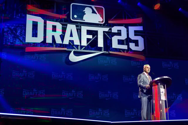 ATLANTA, GA – JULY 13: Rob Manfred speaks during the first round of the 2025 MLB Draft at Coca-Cola Roxy on July 13, 2025 in Atlanta, Georgia. (Photo by Matthew Grimes Jr./Atlanta Braves/Getty Images)