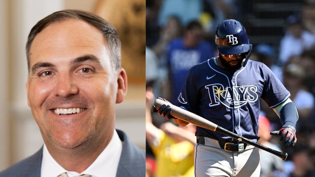 Patrick Zalupski (L, Source: Board of Trustees, University of Florida) and Tampa Bay Rays third base Junior Caminero (Source: Reuters)