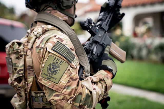 US Homeland Security Secretary Kristi Noem joins ICE operation as she accompanies numerous federal agents raiding a Huntington Park, in Los Angeles, United States on June 13, 2025.