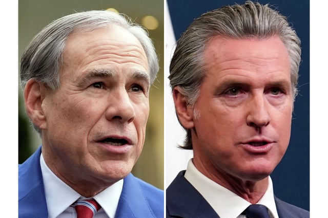 After Texas Gov. Greg Abbott (left) announced redistricting plans, California Gov. Gavin Newsom (right) suggested California could respond.