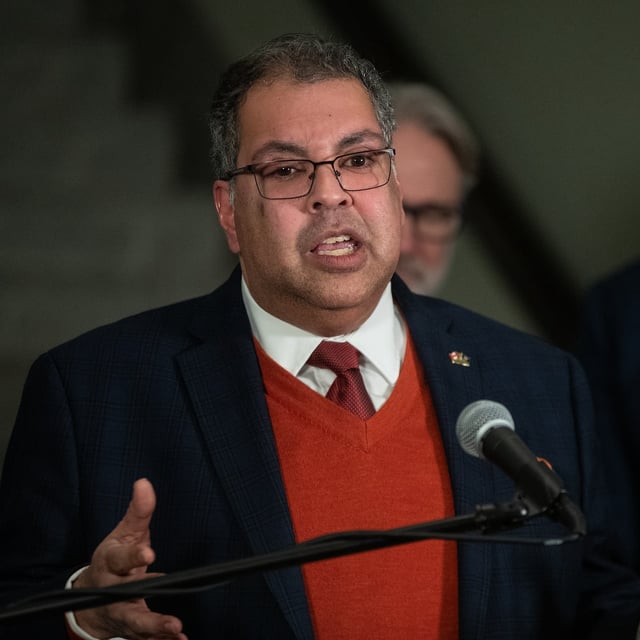 Leader of the Alberta NDP Naheed Nenshi speaks to media about the Alberta 2025 budget in Edmonton, on Thursday February 27, 2025.THE CANADIAN PRESS/Jason Franson