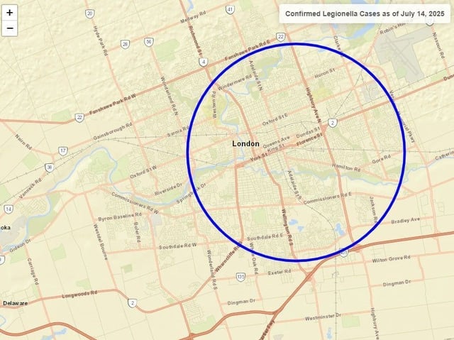 A map released by the Middlesex-London Health Unit on Monday, July 14, 2025, shows a six-kilometre radius in southeast London where most confirmed legionnaires’ disease cases have been reported. (Supplied by Middlesex-London Health Unit)
