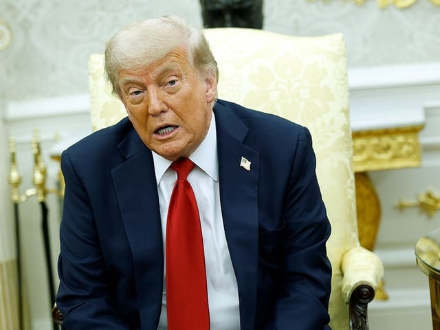 U.S. President Donald Trump speaks during a meeting with NATO Secretary General Mark Rutte at the White House on July 14, 2025.