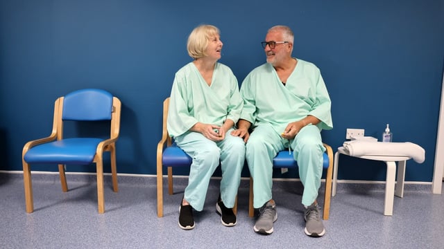 Stephen and Lesley Crossley waiting for their scans at the UK Biobank imaging assessment centre near Reading