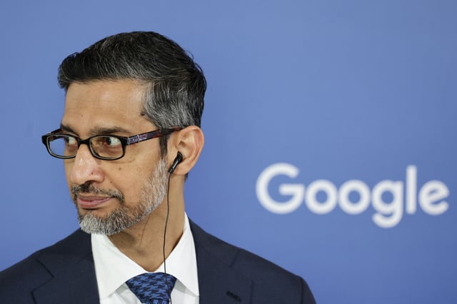 Google CEO Sundar Pichai attends a press conference in Warsaw, Poland, on Feb. 13, 2025. The battle over artificial intelligence’s future has drawn focus to Bay Area tech’s top executives.