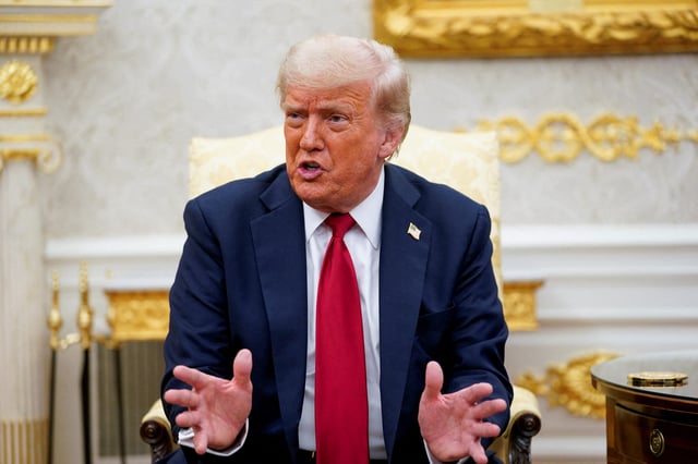 U.S. President Donald Trump meets with NATO Secretary General Mark Rutte (not pictured), as President Trump announces a deal to send U.S. weapons to Ukraine through NATO, in the Oval Office at the White House in Washington, D.C., U.S., July 14, 2025. REUTERS/Nathan Howard