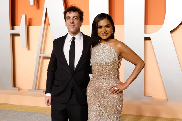 B.J. Novak and Mindy Kaling on March 2, 2025 in Beverly Hills, California.  