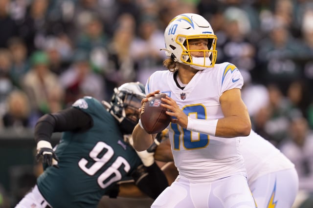 Justin Herbert #10 of the Los Angeles Chargers looks to pass the ball against the Philadelphia Eagles at Lincoln Financial Field on November 7, 2021 in Philadelphia, Pennsylvania.