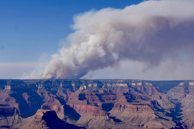 The Dragon Bravo Fire at Grand Canyon National Park on July 11, 2025. The fire is located on the North Rim of the park and is estimated at 1,500 acres. 