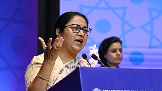 Delhi chief minister Rekha Gupta during the 'National ODOP Awards 2024' ceremony organised at Bharat Mandapam, in New Delhi on Monday. (Jitender Gupta/ANI)