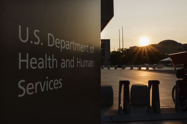 A sign is displayed outside of the US Department of Health and Human Services (HHS) headquarters at the Hubert H. Humphrey Building in Washington, DC, on June 2.