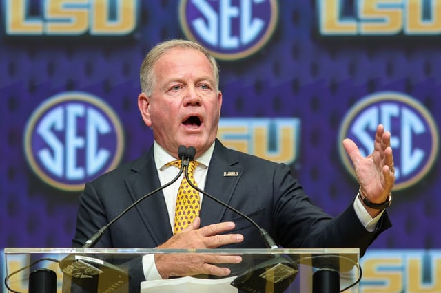 Jul 16, 2025; Atlanta, GA, USA; LSU Tigers head coach Brian Kelly talks to the media during SEC Media Day at Omni Atlanta Hotel. Mandatory Credit: Jordan Godfree-Imagn Images