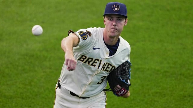 Jul 8, 2025; Milwaukee, Wisconsin, USA;  Milwaukee Brewers pitcher Jacob Misiorowski (32) during warmups prior to the game against the Los Angeles Dodgers at American Family Field. Mandatory Credit: Jeff Hanisch-Imagn Images
