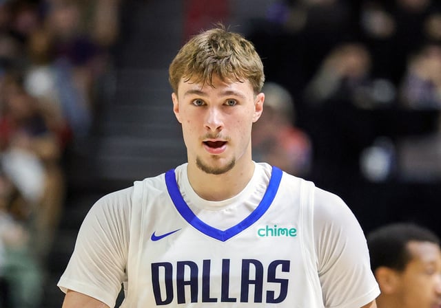 Cooper Flagg #32 of the Dallas Mavericks walks on the court during a break in the first half of a 2025 NBA Summer League game against the Los Angeles Lakers at the Thomas &amp; Mack Center on July 10, 2025 in Las Vegas, Nevada.