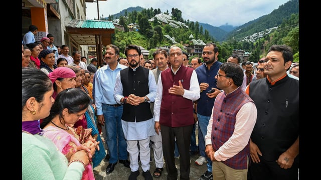 BJP MP Anurag Thakur with leader of Opposition Jai Ram Thakur visits disaster-hit areas in Mandi on Monday. (PTI)