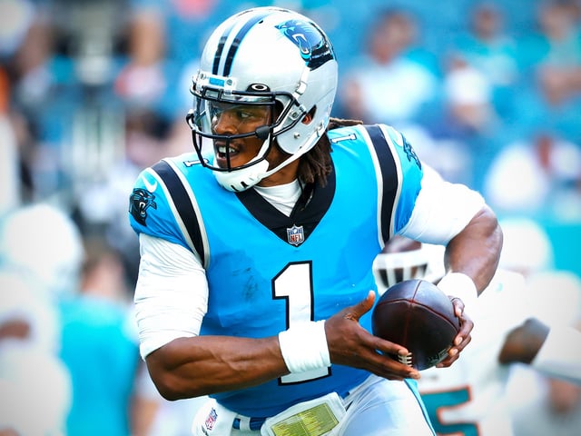 Cam Newton #1 of the Carolina Panthers during their game against the Miami Dolphins at Hard Rock Stadium on November 28, 2021 in Miami Gardens, Florida.