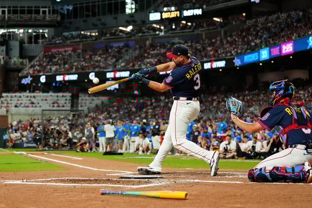 Cal Raleigh #29 of the Seattle Mariners, wearing #3 in honor of Babe Ruth, bats during the 2025 T-Mobile Home Run Derby at Truist Park on Monday in Atlanta, Georgia on July 14, 2025.