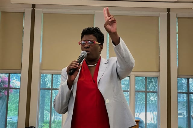 Democrat Keisha Sean Waites makes a point during a speech at a candidate forum for the Georgia Public Service Commission runoff in Fayetteville, Ga., on Thursday, July 10, 2025. (AP Photo/Jeff Amy)