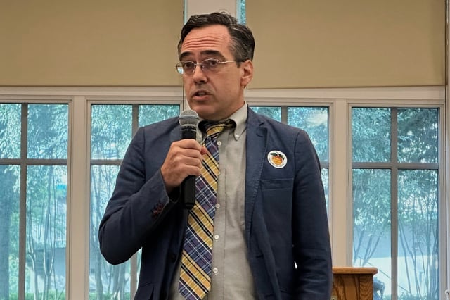 Democrat Peter Hubbard Sean Waites speaks at a candidate forum for the Georgia Public Service Commission runoff in Fayetteville, Ga., on Thursday, July 10, 2025. (AP Photo/Jeff Amy)