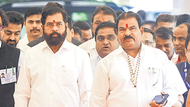 After Buldhana MLA Sanjay Gaikwad (next to deputy CM Eknath Shinde) was caught on video assaulting a canteen worker over allegedly stale food, and social justice minister Sanjay Shirsat (right) was seen sitting beside what appeared to be bundles of cash in a viral clip, the Shiv Sena chief pulled up his MLAs for repeatedly courting controversy and damaging the Sena’s public image. (PTI)