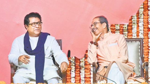 Mumbai, India, July 05, 2025: Raj Thackeray, Chief of the Maharashtra Navnirman Sena (MNS), and Uddhav Thackeray, Chief of Shiv Sena (UBT), reunited after 20 years at a public rally at NSCI Dome, Worli in Mumbai. The event, titled Awaj Marathicha (Voice of the Marathi), was jointly organised by Shiv Sena (UBT) and MNS to mark the withdrawal of government resolutions (GRs) related to the three-language policy in primary schools. Mumbai, India. 05, 2025. (Photo by Raju Shinde/HT Photo) (Raju Shinde)