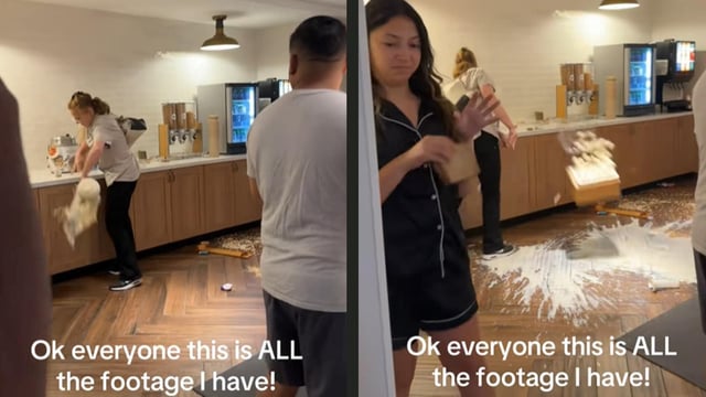 A woman was filmed destroying a breakfast buffet in a fit of rage