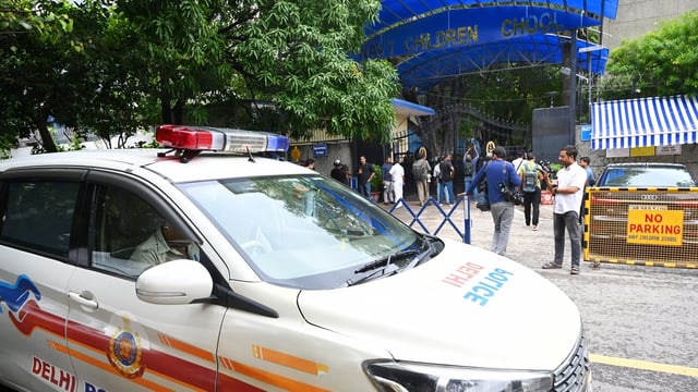 Security personnel outside Navy School in Chanankyapuri after the school received a bomb threat on Monday.