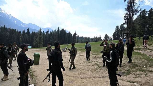 Security personnel at the site of the terror attack in Jammu and Kashmir's Pahalgam.