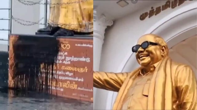 Unidentified miscreants vandalise former Tamil Nadu CM Karunanidhi's statue in Salem.