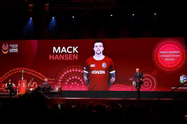 Rugby Union - British & Irish Lions Squad Announcement - O2 Arena, London, Britain - May 8, 2025 The big screen displays the name of Mack Hansen as British & Irish Lions chairman Ieuan Evans announces the squad with head coach Andy Farrell and Maro Itoje Action Images via Reuters/Matthew Childs/File Photo