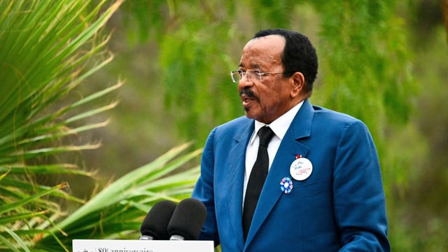 FILE - Cameroon President Paul Biya delivers a speech during a ceremony at the Boulouris National Cemetery in Boulouris-sur-Mer, south eastern France, Aug. 15, 2024. (Christophe Simon, Pool via AP, File)
