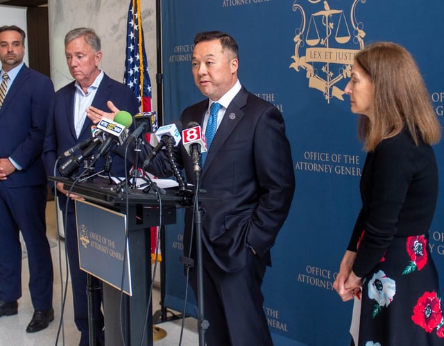 Attorney General William Tong talks to the media as he stands with Governor Ned Lamont and  Lt. Governor Susan Bysiewicz during a press conference in the visitors&#39; lobby at the Office of the Attorney General on Tuesday, June 10, 2025. The press conference was about their response to the lawsuit filed by California against President Donald Trump and Defense Secretary Pete Hegseth after the California National Guard was brought in during protests in Los Angeles over the weekend.. (Aaron Flaum/Hartford Courant)