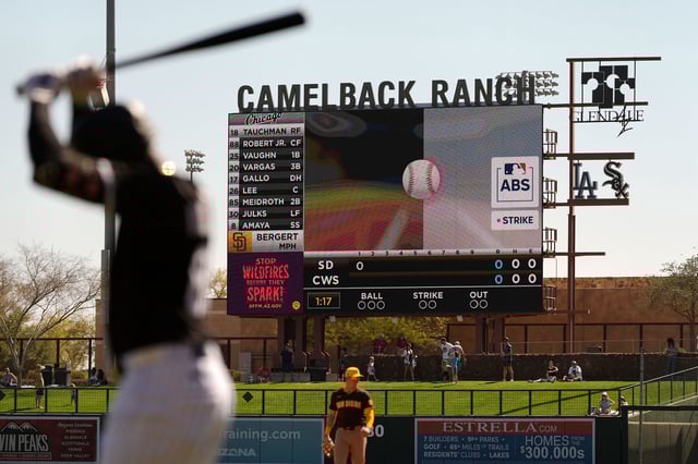 The Automated Ball-Strike System plays on the scoreboard after a pitch call was challenged during the first inning of a spring training baseball game between the Chicago White Sox and the San Diego Padres in Phoenix on February 26.