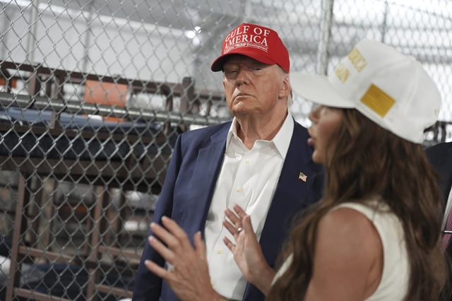 Alligator Alcatraz. President Donald Trump listens to Homeland Security Secretary Kristi Noem, as they and others tour "Alligator Alcatraz," a new migrant detention facility at Dade-Collier Training and Transition facility, July 1, 2025, in Ochopee, Florida.