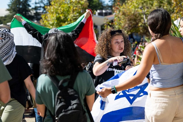 Student and faculty protesters face off at UC Berkeley on Oct. 8, 2024. The university’s chancellor is set to go before a House Committee in Washington, DC on July 15 amid claims that antisemitism is “festering at schools.”