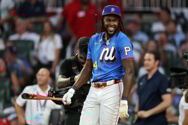 ATLANTA, GEORGIA - JULY 14: Oneil Cruz #15 of the Pittsburgh Pirates reacts during the Home Run Derby at Truist Park on July 14, 2025 in Atlanta, Georgia.