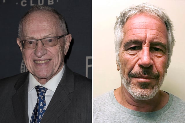 Left: Alan Dershowitz attends the Friars Club Entertainment Icon Awards at Ziegfeld Ballroom on Thursday, May 26, 2022, in New York. 
Right: This photo provided by the New York State Sex Offender Registry shows Jeffrey Epstein, March 28, 2017.