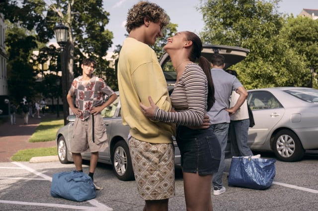 Steven (Sean Kaufman) , Jeremiah (Gavin Casalegno), and Belly (Lola Tung) in  The Summer I Turned Pretty Season 3.