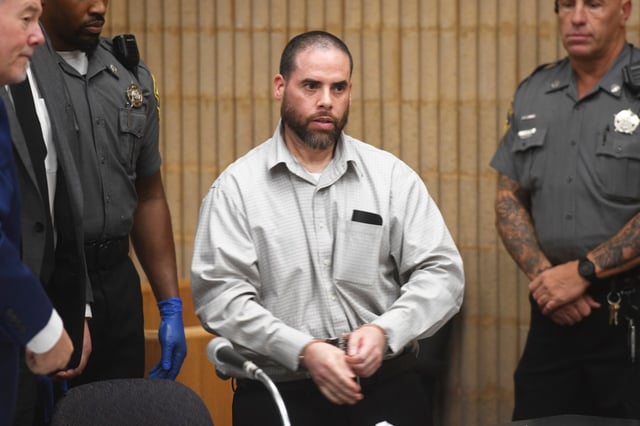 Jose Morales enters state Superior Court at the start of his sentencing hearing for the murder of Christine Holloway in Milford, Conn., Monday, July 14, 2025. (Ned Gerard/Hearst Connecticut Media via AP, Pool)