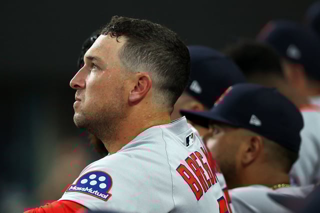 ARLINGTON, TEXAS - MARCH 27: Alex Bregman #2 of the Boston Red Sox is seen in the dugout during a game against the Texas Rangers at Globe Life Field on March 27, 2025 in Arlington, Texas. (Photo by Richard Rodriguez/Getty Images)