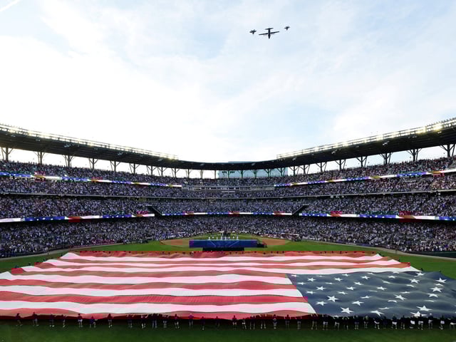 Jul 14, 2025; Atlanta, GA, USA; The National Anthem during the 2025 Home Run Derby at Truist Park. Mandatory Credit: Dale Zanine-Imagn Images     TPX IMAGES OF THE DAY
